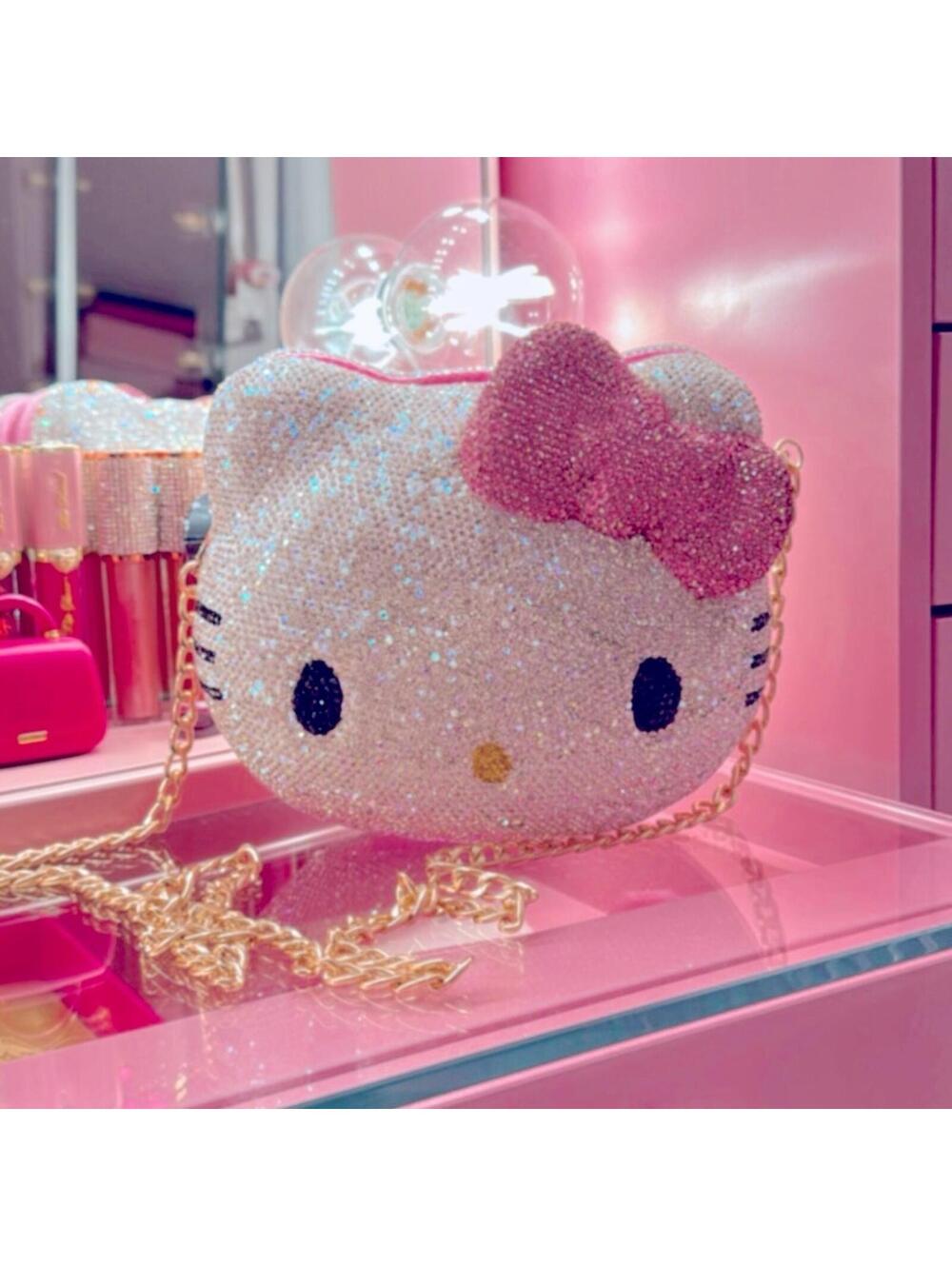 Hello Kitty Pink Bow Bling Rhinestone Glam Iced Out Purse Gold Chain